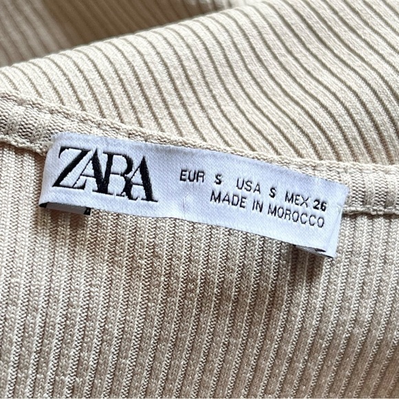 Zara Tan Ribbed Knit Ruched Drawstring Bodycon Dress Size S - Picture 12 of 15